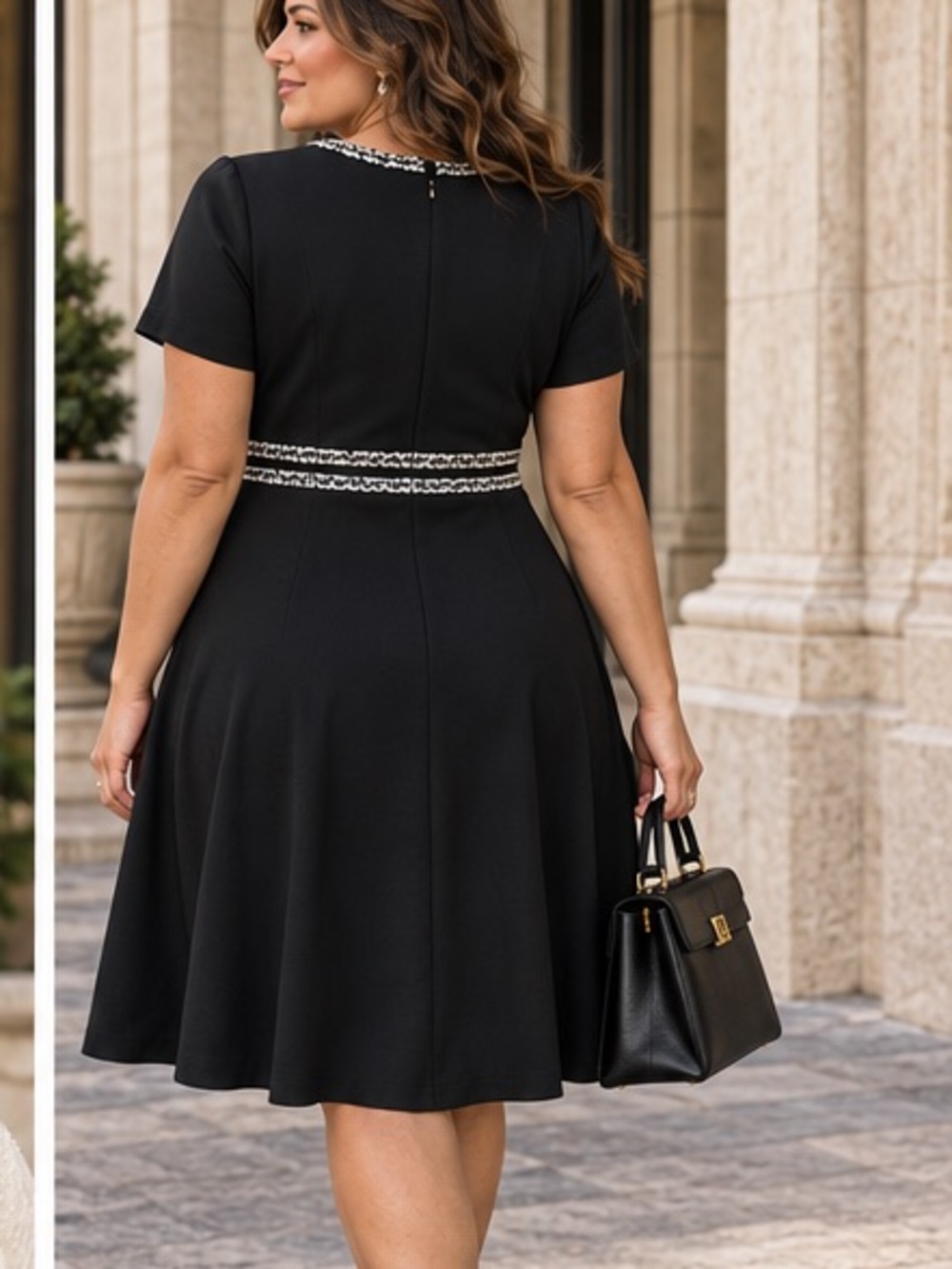 Plus size Black Fit-and-Flare Dress with tweed trim 1X **2 for 20** - Picture 2 of 11